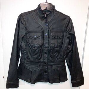 WHBM BLACK COATED JACKET with FRONT FLAP POCKETS and PLEATED PEPLUM BOTTOM